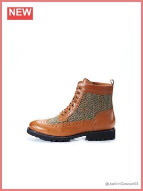 Harris Tweed Buffalo Leather Ankle Bootie Herringbone Brogue Lace-Up